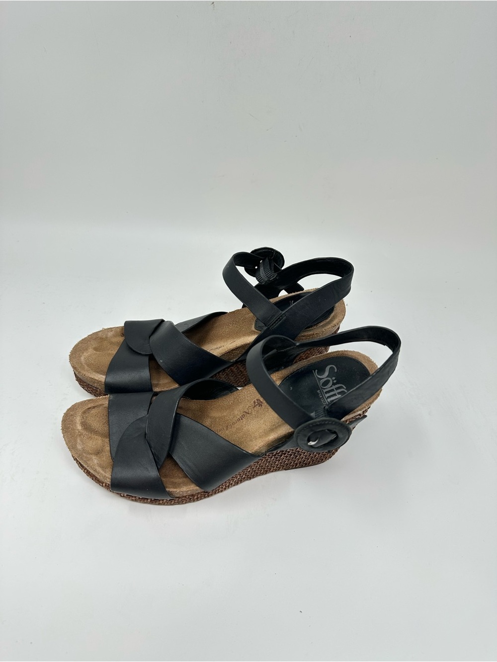 SOFFT Wedge Espadrille Sandals In Black Leather Women's 7M